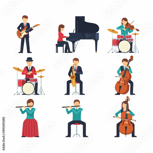 Collection of nine flat design characters playing musical instruments: piano, guitar, violin, drums, saxophone, cello, and flute.