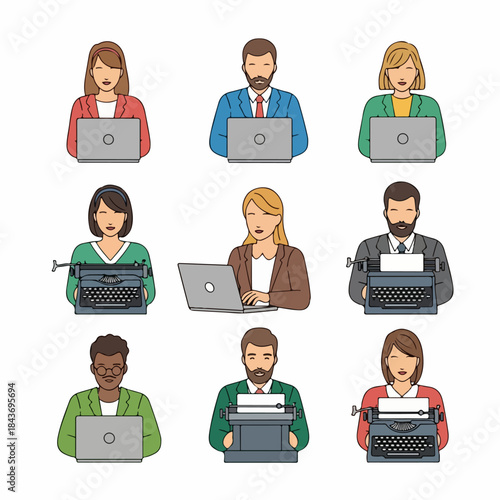 Collection of professional avatars using modern laptops and vintage typewriters, illustrating the evolution of writing technology.