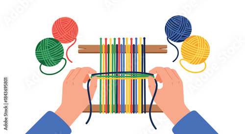 Top-down view of hands weaving colorful threads on a small loom with balls of yarn, representing a creative craft or hobby.