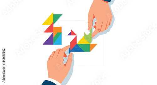 Two people working together to solve a tangram puzzle, fitting colorful geometric pieces to create shapes, symbolizing teamwork.