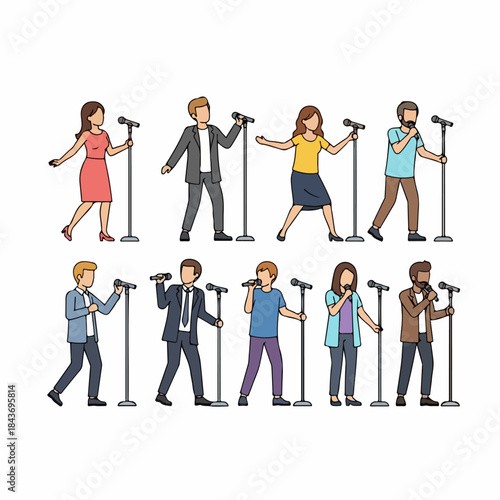 Diverse cartoon singers and public speakers holding microphones on stands, isolated vector illustration set for music and media.