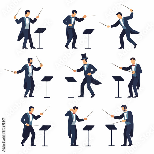 Set of nine classical music conductors in formal attire performing various directing gestures with a baton, isolated vector illustration collection.
