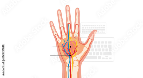 Anatomical illustration of the hand showing nerves and blood vessels, with keyboard outlines representing carpal tunnel syndrome.