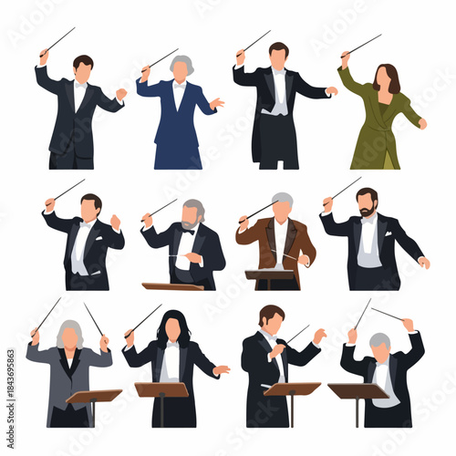 A collection of diverse orchestra conductors, men and women, in formal wear directing classical music with batons, isolated vector illustration set.