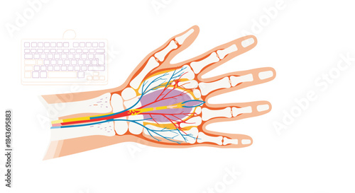 Medical diagram of the hand and wrist anatomy, illustrating the carpal tunnel area, relevant to repetitive strain injuries from typing.