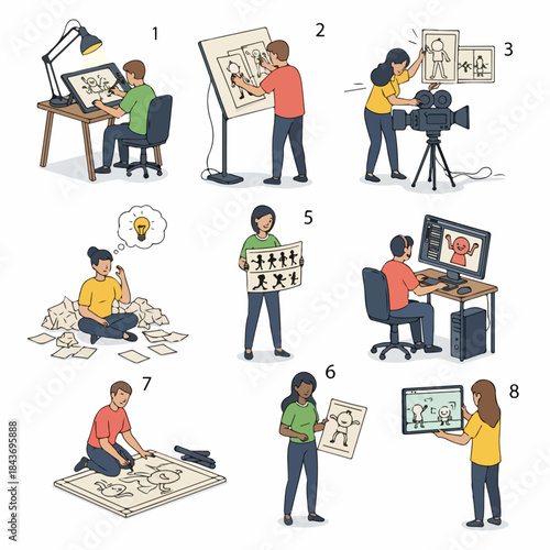 The Animation Production Process: Illustrating 8 Stages from Digital Drawing and Ideation to Stop Motion Filming and Final Review.
