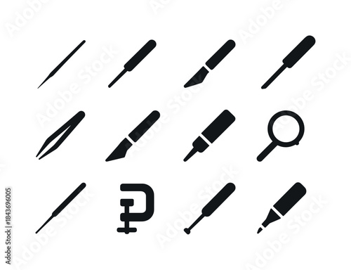 Micro Tools Icon Set. Micro-detail tools. Solid icon set of micr