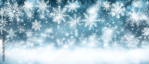 Blue winter background with sparkling white snowflakes falling, featuring pine branches above and a soft snow bank below