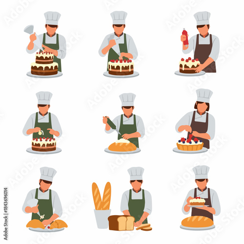 Collection of illustrations showing professional bakers and chefs decorating cakes, tarts, and preparing various freshly baked goods in a bakery or kitchen setting.