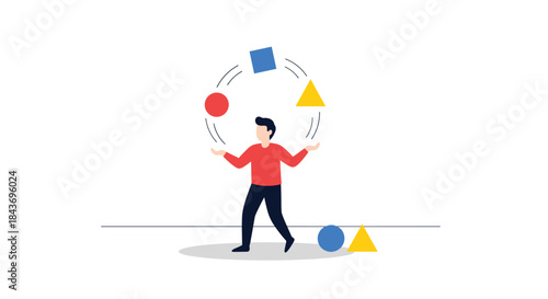 Man skillfully juggling colorful geometric shapes, representing multitasking, versatility, and managing multiple projects at once.