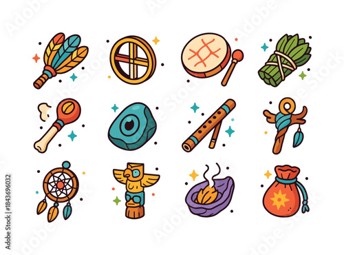 Shamanic Tools Icons. Shamanic tools. Colorful isometric vector