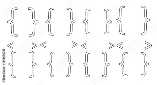 Set of curly brackets and angle brackets in a simple black outline style, used for coding, mathematics, and typography design.