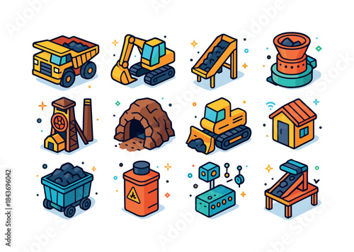 Colorful Mining Icons. Mining site. Colorful isometric vector ic