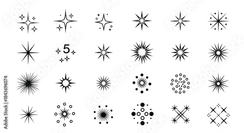 Assortment of black and white star and sparkle icons, providing a variety of shapes for decorative design and rating systems.