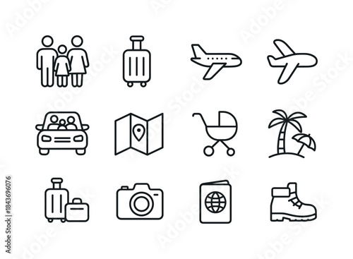 Family Travel Icons. Family Travel. Line icon set of Family Trav