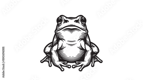 A detailed, front-facing black and white illustration of a frog in a classic woodcut or linocut style, showcasing textured lines and a bold silhouette perfect for rustic designs — stock vector.