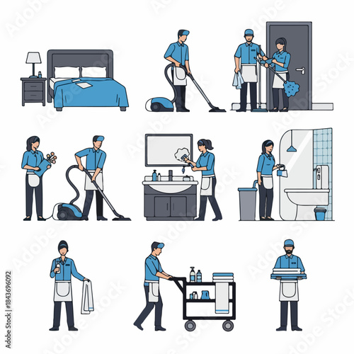 Professional Hotel Housekeeping and Cleaning Service Staff Duties Vector Set. Workers making beds, vacuuming, mopping, and servicing rooms.