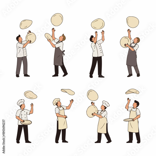 Pizza preparation process vector illustration set with chefs in various uniforms tossing dough, isolated on white.