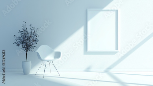 Bright, serene white interior with a modern chair, potted plant, and blank frame, illuminated by strong sunlight patterns
