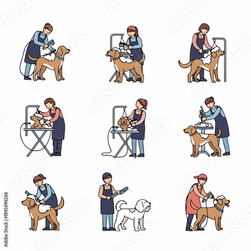Professional dog grooming icons set: cartoon illustrations of pet care specialists bathing, brushing, and styling different dog breeds.