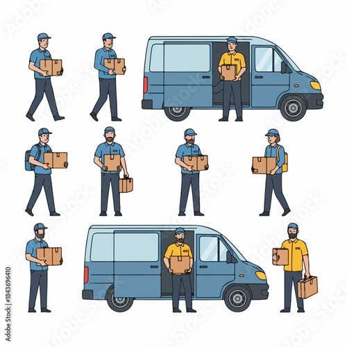 Delivery service personnel and cargo vans set, featuring couriers handling packages for shipping and logistics, isolated on white background in outline style.