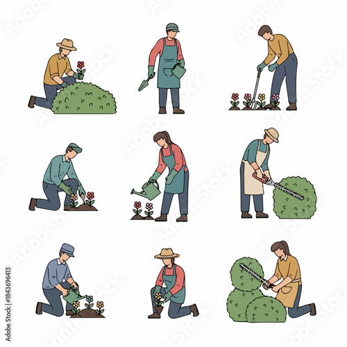 Gardening and Landscaping Activities Set: Illustrated figures planting flowers, watering beds, tilling soil, and trimming hedges, symbolizing horticulture work and springtime care.