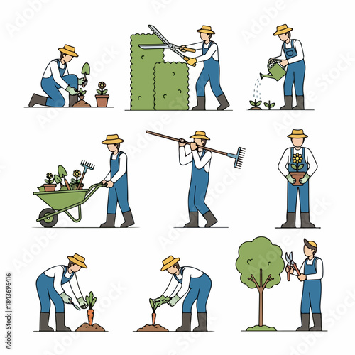 Gardener lifestyle activities set: planting, trimming hedges, watering, raking, and harvesting vegetables in outline vector illustration.