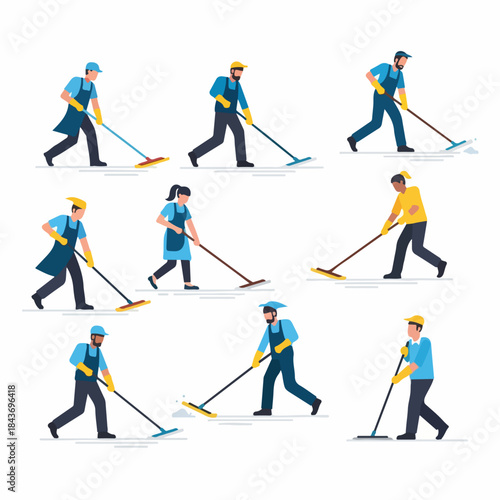 Professional cleaning staff set mopping and scrubbing floors, wearing uniforms and safety gloves, depicting commercial janitorial service crew.