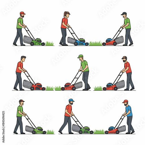 Various people, including men and a woman, operating push lawn mowers in a grid layout, illustrating garden work, yard maintenance, and domestic chores.