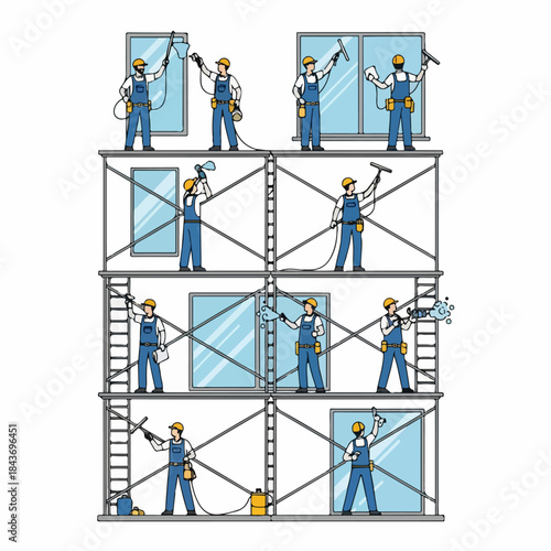 Professional Window Cleaning Service Staff Working on Scaffolding, Illustrating Exterior Glass Maintenance and Facility Management.