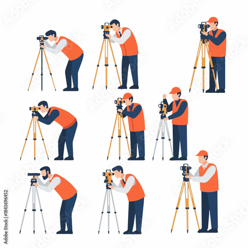 Collection of Land Surveyors and Engineers Working with Professional Geodetic and Topographic Measurement Instruments on Tripods, Isolated Vector Set.