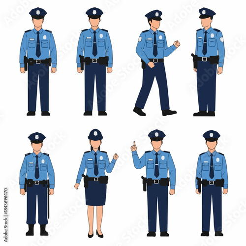 Police Officers Cartoon Vector Set: Diverse Poses of Law Enforcement Professionals in Uniform, Isolated on White Background.