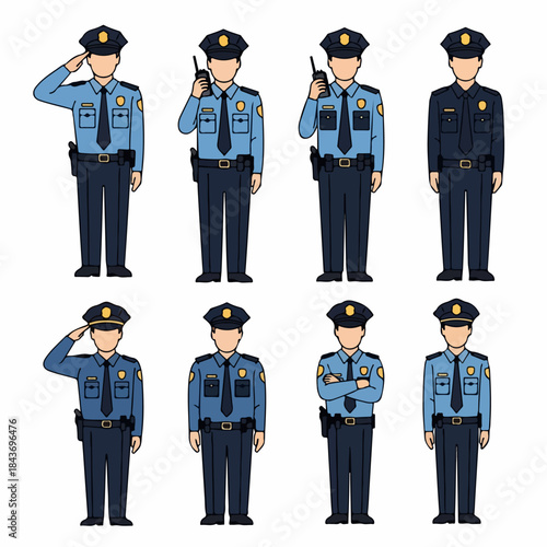 Police Officer Uniform Vector Illustration Set with Various Poses Including Saluting and Radio Communication, Isolated on White.