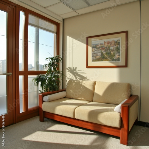 Bright room with a wooden-framed window, beige sofa, potted plant, and framed cityscape Sunlight creates distinct shadows