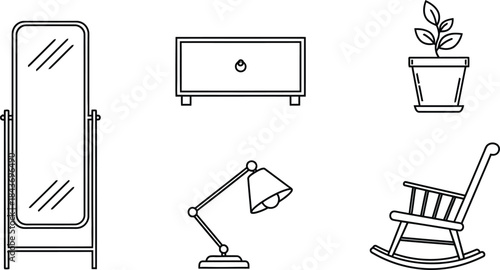 Set of six line art icons representing home furniture and decor a fulllength standing mirror, a low cabinet or dresser, a potted plant, an adjustable desk lamp, and a rocking chair