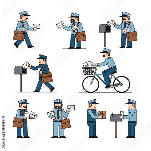 Postman Vector Illustrations Set: Mail Carriers Delivering Letters and Packages, Cycling, Walking, and Using Mailboxes.