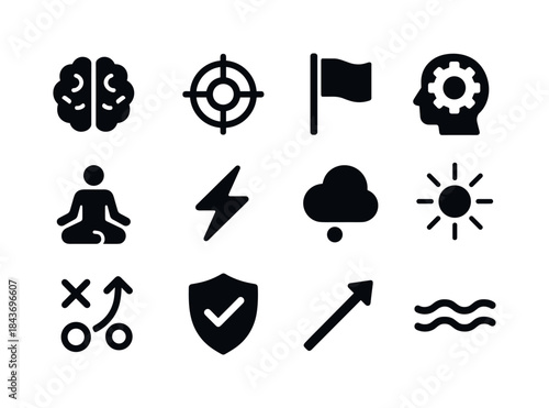 Mental Game Icons. Winning the mental game. Solid icon set of wi