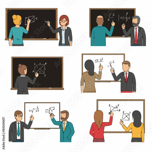 Various illustrations of male and female educators teaching math and geometry lessons, writing formulas and diagrams on classroom chalkboards and whiteboards.