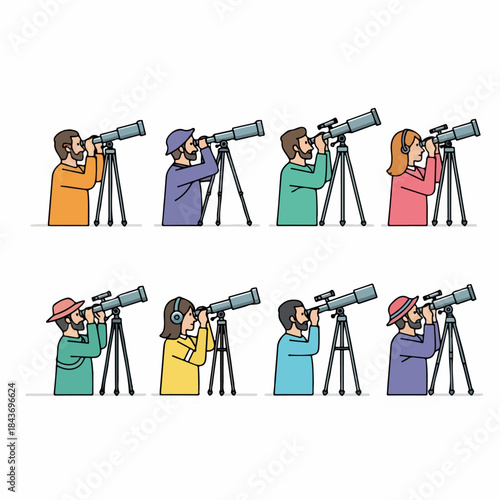 Cartoon illustration of diverse people using telescopes for astronomy, observation, or discovery on a white background.