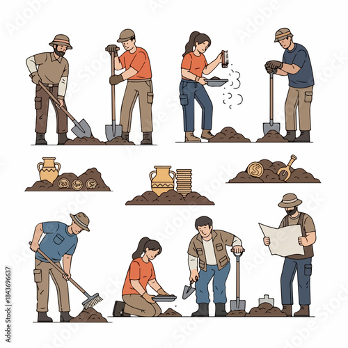 Vector illustrations of archaeologists and treasure hunters excavating artifacts, including coins and ancient pottery, isolated on white.