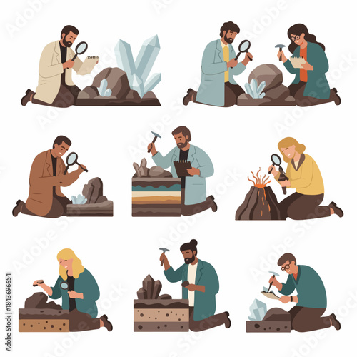 Collection of illustrations showing geologists and earth scientists conducting fieldwork, examining crystals, soil layers, and volcanic rock with tools.