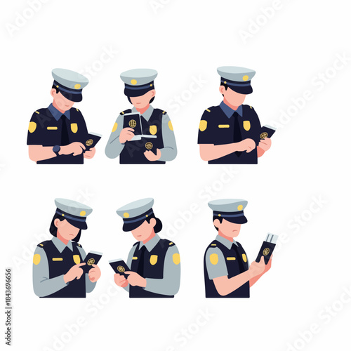 Immigration and Customs Officers in Uniform Checking Passports and Travel Documents: Vector Illustration Set.