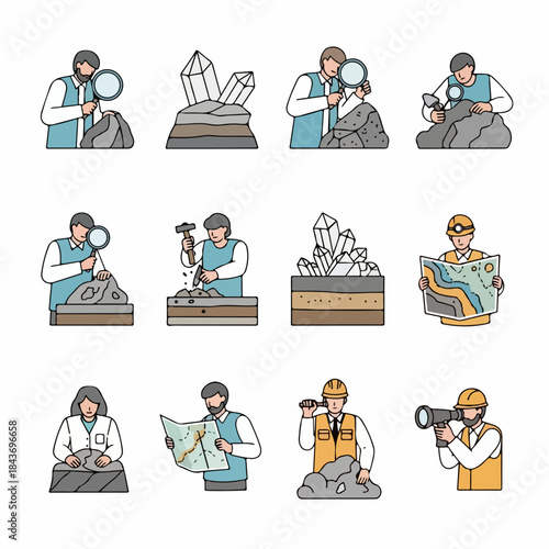 Geology and Mining Work Icon Set: Geologists Examining Rocks, Crystals, Stratigraphy, Maps, and Field Survey Tools.