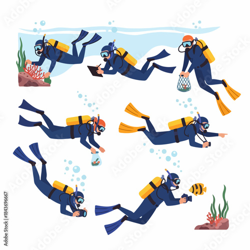 Multiple scuba divers exploring the ocean floor, participating in underwater research, marine conservation, and wildlife photography in a vibrant cartoon style.
