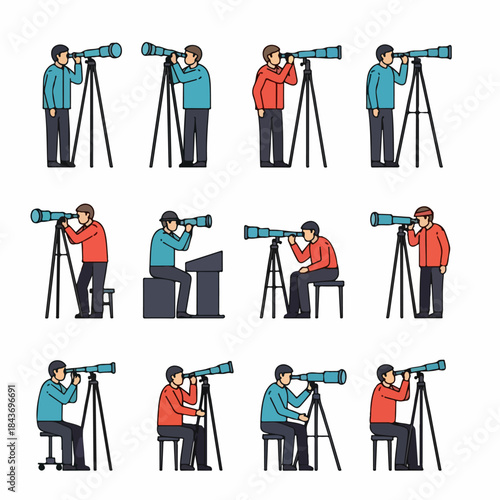 Outline vector set of men observing through a large astronomical telescope on a tripod in different poses, illustrating concepts of vision, future planning, and scientific research.