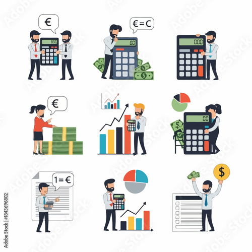 Financial Management Vector Illustration Collection Featuring Business People Calculating Costs, Analyzing Data, and Handling Money.