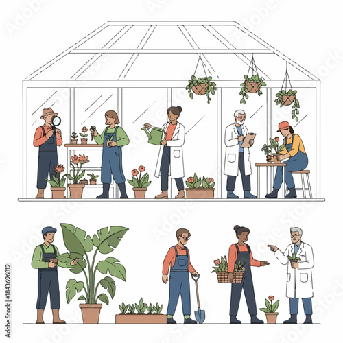 People working in a greenhouse, researching botany, horticulture, and plant cultivation, including scientists, gardeners, and agronomists.