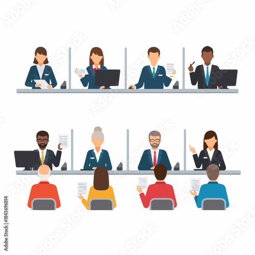 Professional service agents behind counters helping diverse clients with paperwork and transactions in an administrative or customer service setting.