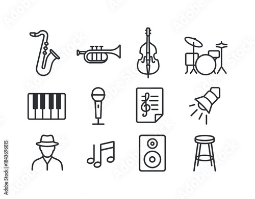 Jazz Instrument Icons. Jazz performance. Line icon set of Jazz p
