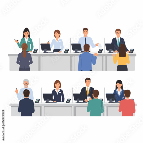 Bank tellers and financial advisors assisting customers at a service counter, illustrating banking operations and customer service.